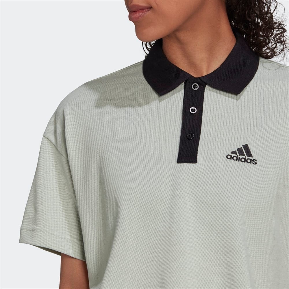 Adidas Cropped Pique Polo in Linen Green - Picture 4 of 13